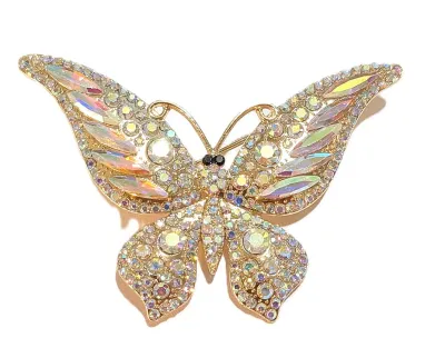 **NEW ARRIVAL** Jeweled IRIDESCENT SLENDER MARQUISE-CUT STONES BUTTERFLY BROOCH (2¾" x 1¾") with Black Eyes + Gold Colored...