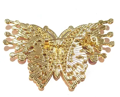 **NEW ARRIVAL** Jeweled RED & MAGENTA Colored STONES BUTTERFLY BROOCH (2¾" x 1¾") with "Winged Points + Gold Colored...
