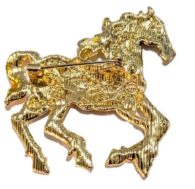 **NEW ARRIVAL** JEWELED RED & AMBER "GOLD COLORED" HORSE BROOCH (2" x 1¾") with Amber Tail and Mane + Pink Hoofs...