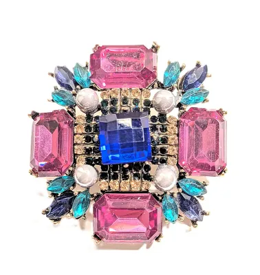**NEW ARRIVAL** PURPLE Rectangle Beveled Glass Stones BROOCH (2" x 2") with BLUE Center Stone, Gray "Pearls" and Blue...