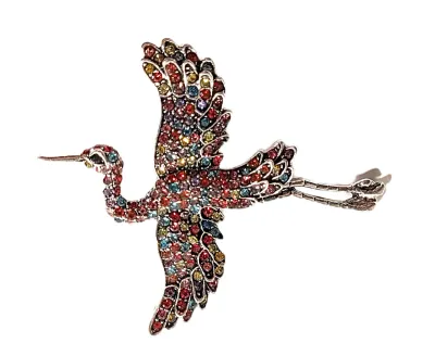 **NEW ARRIVAL** Jeweled MULTICOLOR CRANE BROOCH (2½" x 2") with Jeweled Body + Wings Stones, Black Eye and on a Silver Tone...