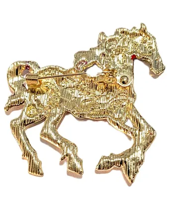 **NEW ARRIVAL** JEWELED RED & BLACK "GOLD COLORED" HORSE BROOCH (2" x 1¾") with Purple Tail and Mane + Pink Hoofs...