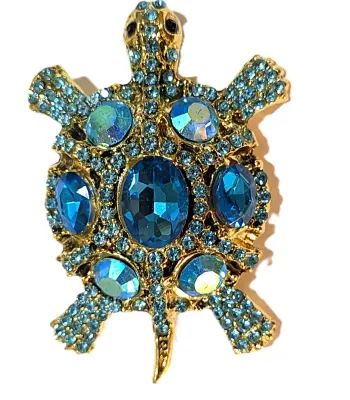 **NEW ARRIVAL** Jeweled BLUE TURTLE BROOCH (2½" x 1¾") with 7 Iridescent Blue Stones, Black Eyes on a Gold Tone Setting