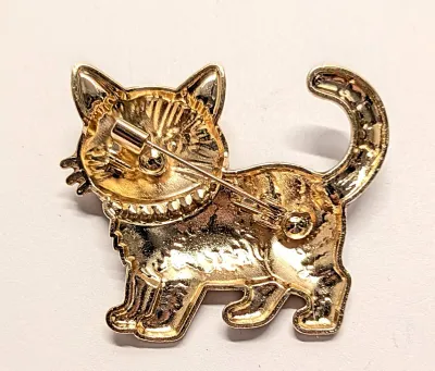 **NEW ARRIVAL** BLACK & GOLD STRIPED ENAMELED KITTEN BROOCH (1¾" x 1½") with Jeweled Collar, Green Eyes and Striped Tail on...