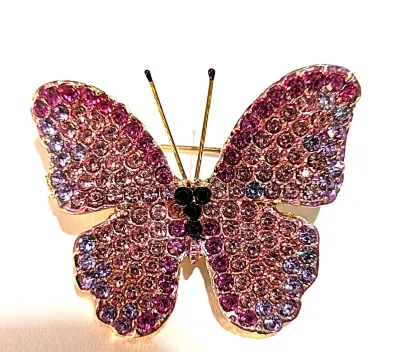 **NEW ARRIVAL** Small BEJEWELED PINK COLORED STONES BUTTERFLY BROOCH (1¼" x 1") with Magenta Stones Edging on a Gold Tone Setting