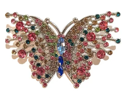 **NEW ARRIVAL** Jeweled GREEN & MAGENTA STONES BUTTERFLY BROOCH (2¾" x 1¾") with "Wing Points" + Silver Colored...