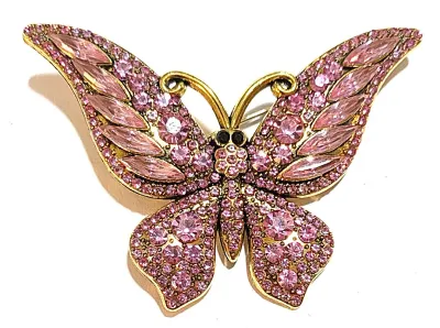 **NEW ARRIVAL** Jeweled VERY PINK STONES BUTTERFLY BROOCH (2¾" x 1¾") with Black Eyes + Gold Colored Thin "Feelers"...
