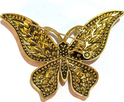 **NEW ARRIVAL** Jeweled VERY PINK STONES BUTTERFLY BROOCH (2¾" x 1¾") with Black Eyes + Gold Colored Thin "Feelers"...