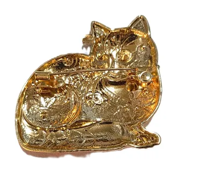 **NEW ARRIVAL** Ceramic PINK & BLUE "FANCY CAT" BROOCH (1¾" x 1¾") with Black Eyes and Gold Colored Accent Lines...