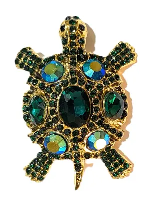 **NEW ARRIVAL** Jeweled GREEN TURTLE BROOCH (2½" x 1¾") with 7 Iridescent Green Stones, Black Eyes on a Gold Tone Setting