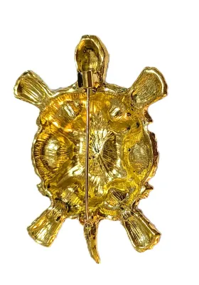 **NEW ARRIVAL** Jeweled GREEN TURTLE BROOCH (2½" x 1¾") with 7 Iridescent Green Stones, Black Eyes on a Gold Tone Setting