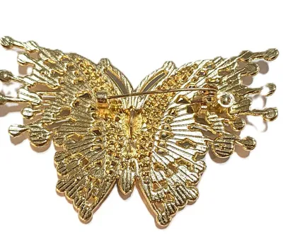 **NEW ARRIVAL** Jeweled IRIDESCENT CLEAR STONES BUTTERFLY BROOCH (2¾" x 1¾") with "Wing Points" + Gold Colored...