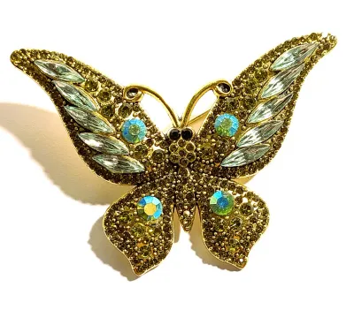 **NEW ARRIVAL** Light GREEN BUTTERFLY BROOCH (2¾" x 1¾") with Green "Slender Marquise Cut" Accent Stones, Black Eyes...
