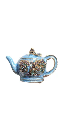 **NEW ARRIVAL** Enameled BLUE TEAPOT BROOCH (2 " x 1¼") with Blue Accent Stones on a Gold Tone Setting