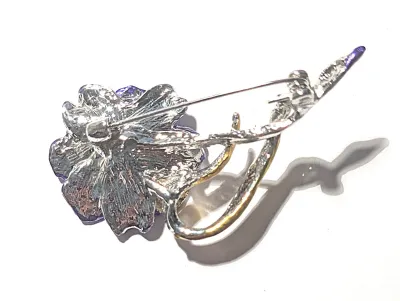 **NEW ARRIVAL** Enameled PURPLE FLOWER BROOCH (2½" x 1¼") with Gold Swirl on a Silver Tone Setting