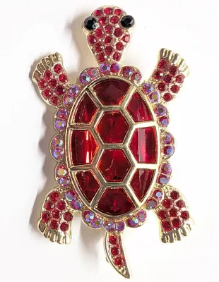 **NEW ARRIVAL** TURTLE BROOCH (2¼" x 1½") with RED Body Stones, Black Eyes and Iridescent Stones Shell Surround on a Gold Tone...