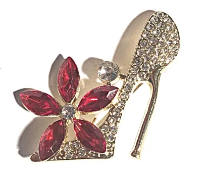 **NEW ARRIVAL** RED STONES HIGH HEEL SHOE BROOCH (1¾" x ¾") with 5 Marquise-Cut Red Stones and Jeweled Shoe on a Gold Tone Setting
