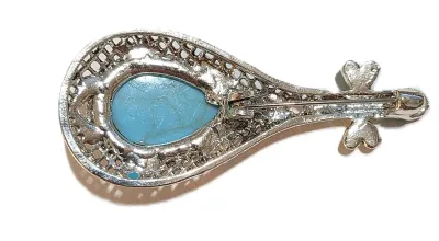 **NEW ARRIVAL** TURQUOISE TEARDROP STONE "MANDOLIN" BROOCH (2½" x 1") with Enameled Clear, Lavender & Blue Accent...
