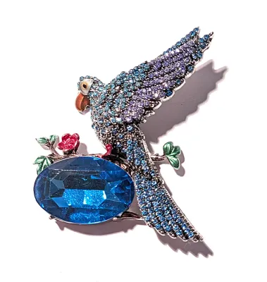 **NEW ARRIVAL** Bejeweled BLUE STONE PARROT BROOCH (3" x 2¼") with Large Oval Beveled Blue Stone and Enameled Flowers on a...