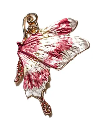 **NEW ARRIVAL** Metal PINK & WHITE Winged SIDE-VIEW BUTTERFLY BROOCH (1¾" x 1¼") with Jeweled Tail, Body and...