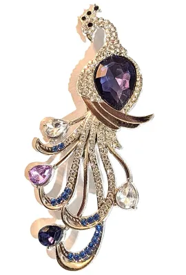 **NEW ARRIVAL** Large PURPLE STONE PEACOCK BROOCH (3½" x 1¼") with Clear, Lavender & Blue Accent Stones, Black Eye on a...