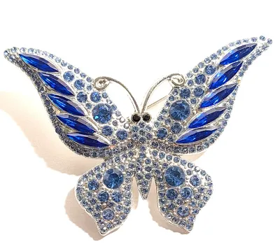 **NEW ARRIVAL** BLUE BUTTERFLY BROOCH (2¾" x 1¾") with Blue "Slender Marquise Cut" Accent Stones, Black Eyes + Accent...