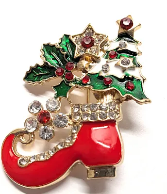 **NEW ARRIVAL** Ceramic RED Enameled SHOE HOLIDAY BROOCH (1¾" x 1¾") with White & Green Tree, Jeweled Star and Green...