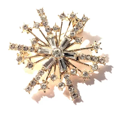 **NEW ARRIVAL** Jeweled GOLD COLORED Circle SNOWFLAKE BROOCH (1¾" Diam.) with Baguettes and Round Clear Accent Stones on a Gold Tone...