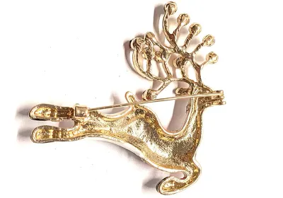 **NEW ARRIVAL** Ceramic Jeweled RED & WHITE HOLIDAY REINDEER BROOCH (2¼" x 2") with Red Saddle, Black Feet and Gold Colored...