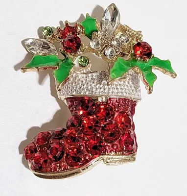 **NEW ARRIVAL** Jeweled "SANTA'S RED BOOT" BROOCH (1½" x 1¼") with Bouquet of Enameled Green Leaves &...