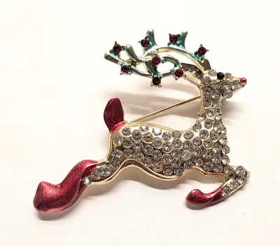 **NEW ARRIVAL** Ceramic Jeweled RED FOOTED HOLIDAY REINDEER BROOCH (1¾" x 1½") with Jeweled Antlers and Red Nose on a Gold Tone...