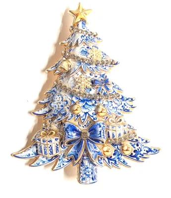 **NEW ARRIVAL** Ceramic BLUE & WHITE HOLIDAY TREE" BROOCH (2½" x 2") with Bow, Gifts, Tinsel and Gold Colored Star...