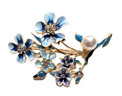 **NEW ARRIVAL** Bejeweled Enameled LIGHT & DARK BLUES FLOWERS SPRAY BROOCH (2¼" x 1½") with Single Faux Pearl on a Gold...