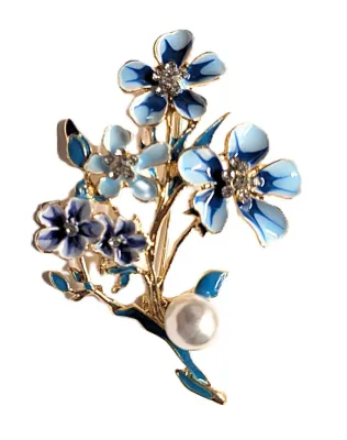 **NEW ARRIVAL** Bejeweled Enameled LIGHT & DARK BLUES FLOWERS SPRAY BROOCH (2¼" x 1½") with Single Faux Pearl on a Gold...