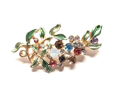 **NEW ARRIVAL** Bejeweled MULTICOLOR STONES FLOWER SPRAY BROOCH (2" x 1") with Green Enameled Leaves on a Gold Tone Setting