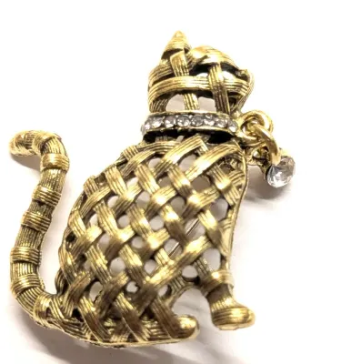 **NEW ARRIVAL** "KNOTTED BRASS CAT" BROOCH (1¼" x 1") with Jeweled Collar and Single Clear Stone Dangle on a...
