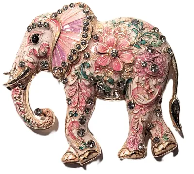 **NEW ARRIVAL** Jeweled Enameled PINK & PURPLE ELEPHANT BROOCH (2" x 1¾") with Body Flowers and Stones, Black Eye, Gold...