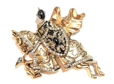**NEW ARRIVAL** Large Jeweled BLACK & GOLD "KNIGHT" BROOCH (2¼" x 2¼") with Black and Gold Shield on a Gold Tone...