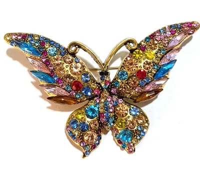 **NEW ARRIVAL** Jeweled MULTICOLOR Marquise-Cut & Round Stones BUTTERFLY BROOCH (2½" x 1¾") with Thick Gold Colored...