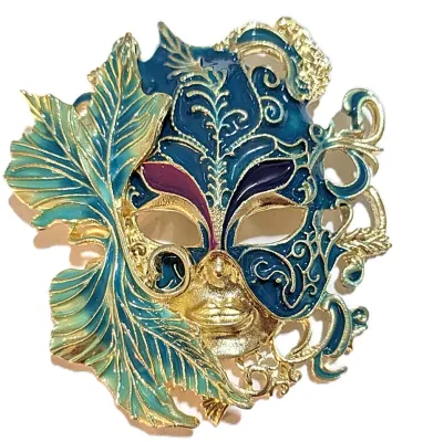 **NEW ARRIVAL** Large GREEN & GOLD "MASK" BROOCH (2¾" x 2½") with Gold Colored Mouth and Purple and Black...