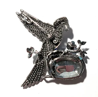 **NEW ARRIVAL** Bejeweled GREEN STONE PARROT BROOCH (3" x 2¼") with Large Oval Beveled Green Stone and Enameled Flowers on a...