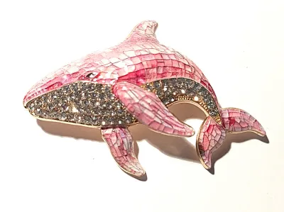 **NEW ARRIVAL** Large Jeweled PINK Colored WHALE BROOCH (2½" x 2½") with Enameled Top Half & Jeweled Bottom Half, Black...