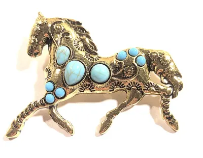 **NEW ARRIVAL** Beautiful TURQUISE HORSE BROOCH (2¼" x 1¾") with 9 Blue Crackled Body Stones on a Bright Gold Tone Setting