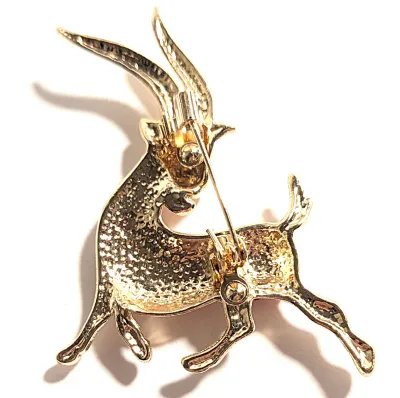 **NEW ARRIVAL** Jeweled RED Colored ANTELOPE IMPALA BROOCH (2¼" x 1¾") with Clear Stones Body & Eye on a Gold Tone Setting