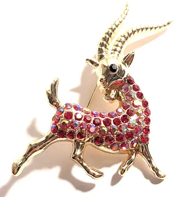 **NEW ARRIVAL** Jeweled RED Colored ANTELOPE IMPALA BROOCH (2¼" x 1¾") with Clear Stones Body & Eye on a Gold Tone Setting