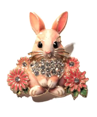 **NEW ARRIVAL** Cute Jeweled ORANGE & WHITE BUNNY" BROOCH (1¾" x 1¾") with Orange Flowers, Gold Whiskers and Black...