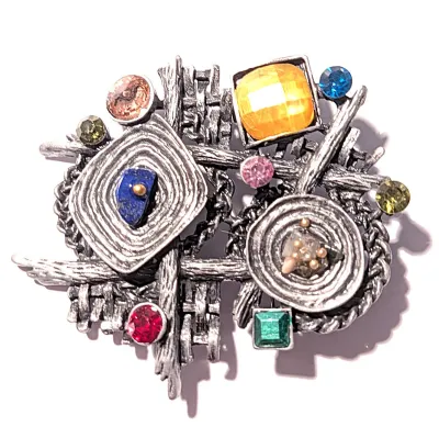 **NEW ARRIVAL** Fun ECLECTIC VARIETY BROOCH (2¾" x 2¼") with Yellow + Multicolored Stones & Enamel Pieces on a Silver Tone...