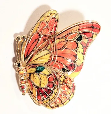 **NEW ARRIVAL** Enameled ORANGE & YELLOW Winged SIDE-VIEW BUTTERFLY BROOCH (2" x 1½") on a Gold Tone Setting