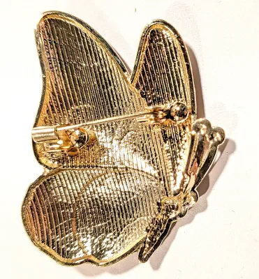 **NEW ARRIVAL** Enameled ORANGE & YELLOW Winged SIDE-VIEW BUTTERFLY BROOCH (2" x 1½") on a Gold Tone Setting