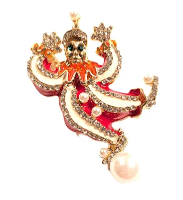 **NEW ARRIVAL** RED & WHITE Jeweled CLOWN JESTER BROOCH (1½" x 1") with Orange Collar, Green Eyes and Faux Pearl Accents on...